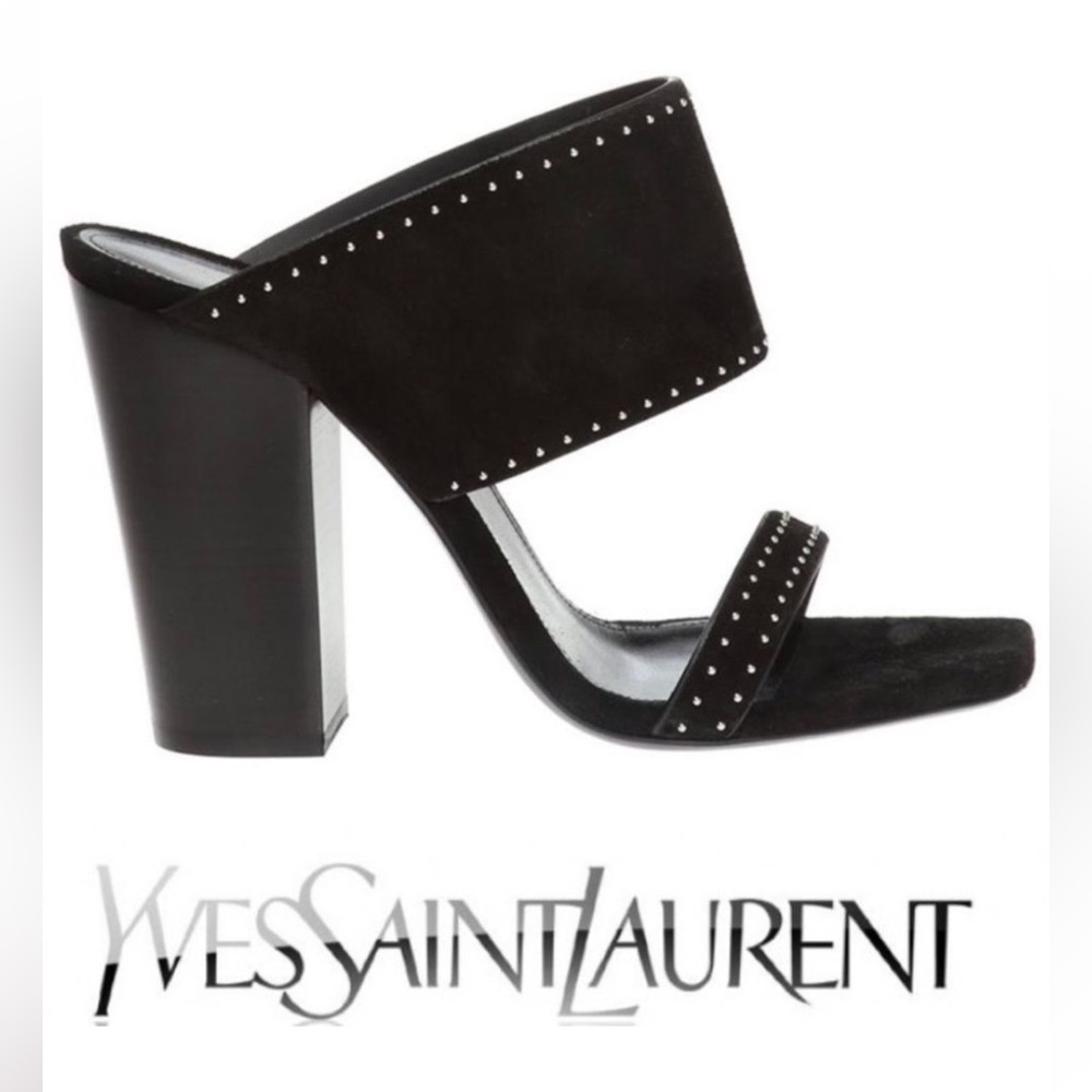 Saint Laurent Black Ladies Oak Mule Suede Studded Sandal Shoe Sz 37.5 NWOT NEW
